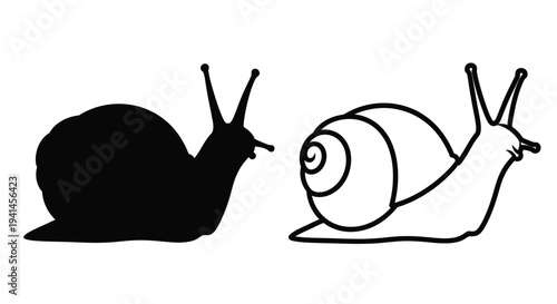 Two snails depicted in contrasting black and white line art styles