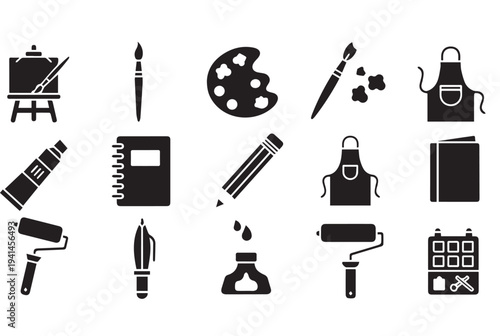 Art Supplies Icon Set: Black Vector Symbols for Painting, Drawing, and Creative Design