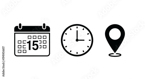 Calendar, Location pin, Clock icons. Event icon set. Address, time, date symbols vector