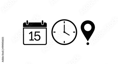set of pin location, clock, calendar, meeting, time, location, event, invitation, map, location pointer, date and address