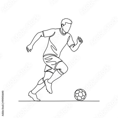 A minimalist line art illustration of a soccer player in action, kicking a ball with dynamic movement