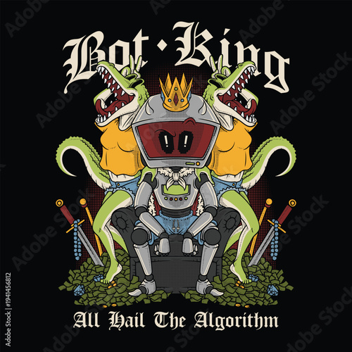 Robot King on Throne with Crocodile Temptresses Retro Cartoon Emblem