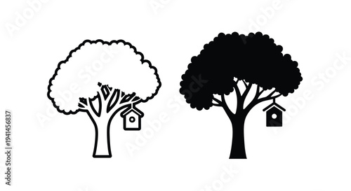 Two stylized trees with birdhouses in black and white illustrations
