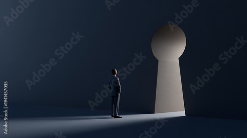 Man looks at keyhole shape opening, light beyond. Concept of discovery, challenges, and new possibilities in a mysterious, uncertain world