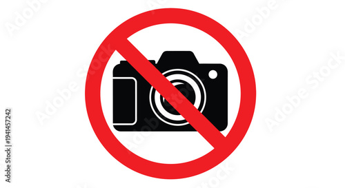 Simple vector graphic illustration showing a universal prohibition sign banning all photography activities clearly