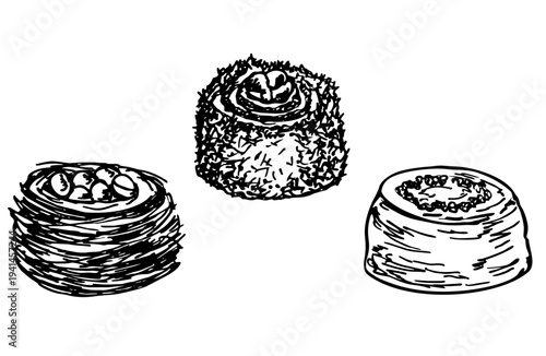Assorted Oriental sweets sketch. Engraved baked arabic dessert. Hand drawn turkish baklava on white background. For menu, card, flyer, poster design