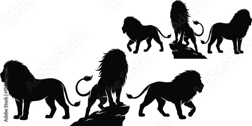 Lion silhouette collection, majestic wild animal poses set, African safari predator symbol, standing walking roaring lion vector illustration