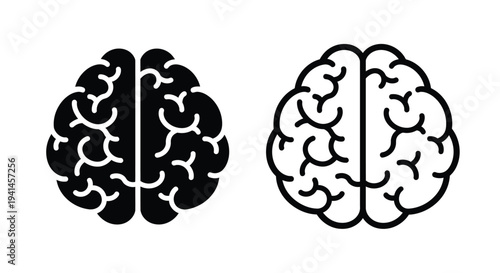 Two stylized human brain illustrations one solid and one detailed