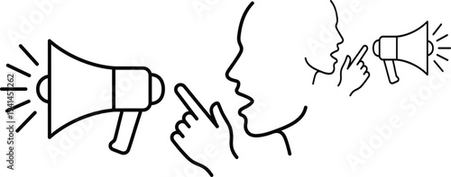 Megaphone announcement and silence gesture line icons, communication warning symbol set, speaking and quiet sign vector illustration