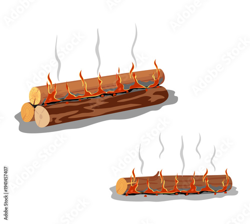 Burning log with flames. Burning campfire or bonfire on wooden logs isolated on white background. Design element of flame on firewood. Red cartoon blaze. Colorful flat vector illustration.