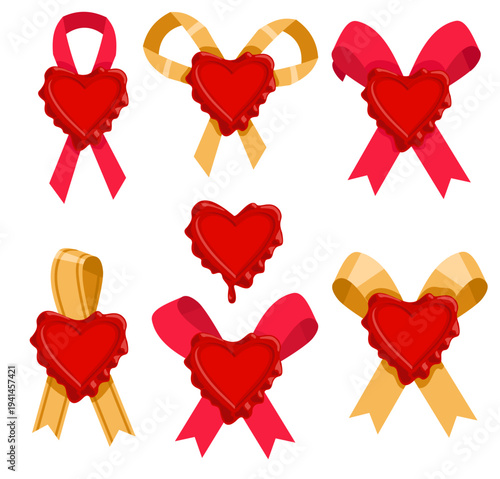 Wax stamps icon set. Wax seal in the form of a heart. Decorative candle seal postage stamp isolated on white. Letter postal wax seal. Valentine's Day love. Antique paraffin seal