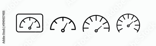 Simple gauge icons in thin line style. Four versions shown: rectangular and three curved. Each displays a needle pointing to a value. Clean, minimalist design