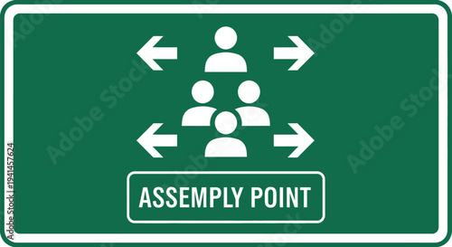 Vector graphic illustration depicting an emergency assembly point sign showing people gathering from all directions