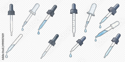 Set of cartoon droppers with liquid drops, vector illustration on transparent background.