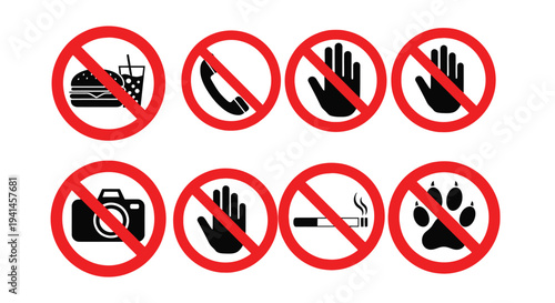 Comprehensive vector graphic illustration presenting a diverse set of prohibition and warning signs for various restrictions.