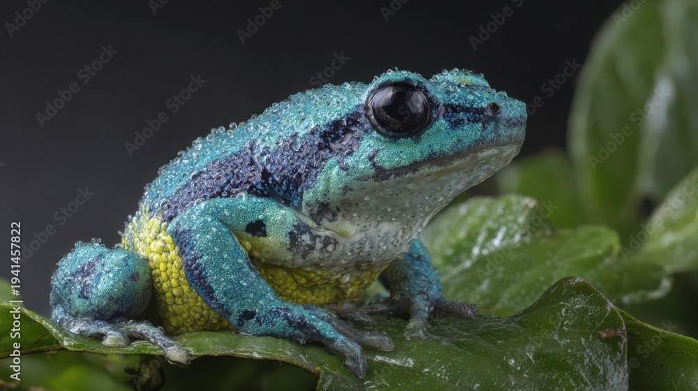 Obraz premium Vibrantly Colored Frog with Blue and Green Markings Clinging to a Wet Leaf