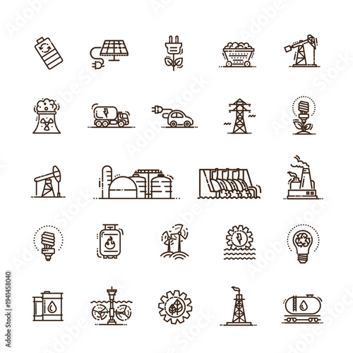 Energy Icon Collection: A meticulously curated collection of icons representing various facets of the energy sector, offering a comprehensive visual guide to power generation and resource management.