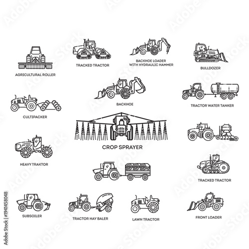 Agricultural Machines: An detailed illustration showcasing a diverse range of agricultural machinery. Each machine, meticulously depicted in fine lines.