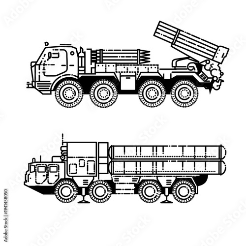 Artillery Vehicles: Precision line art of artillery vehicles, illustrating the power and complexity of military machinery.