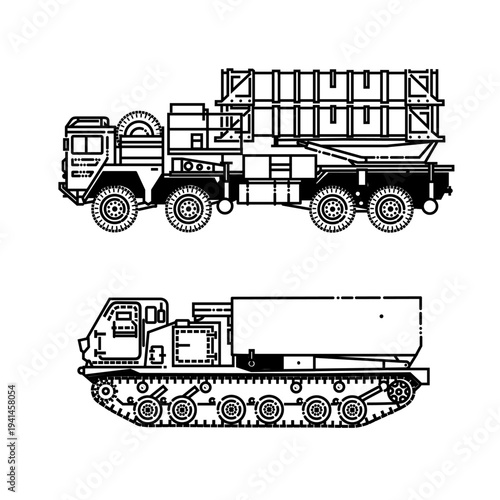 Military Vehicles: A detailed line art illustration of military vehicles, showcasing the intricate design of each vehicle, reflecting power and technological advancement.