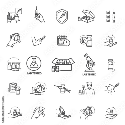 Vaccination Set: A comprehensive collection of meticulously crafted icons portraying various stages of vaccination, reflecting medical procedure and immunization with focus.