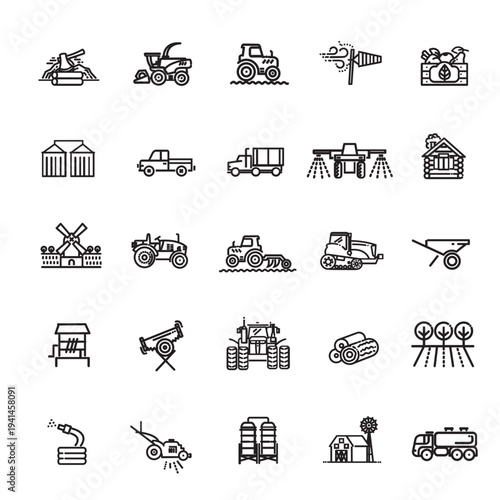 Agriculture Icon Set: A comprehensive collection of agriculture icons, perfect for representing various farming tools and equipment, neatly arranged in a grid.