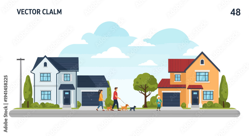 Fototapeta premium Suburban street scene with families walking dogs past houses and trees