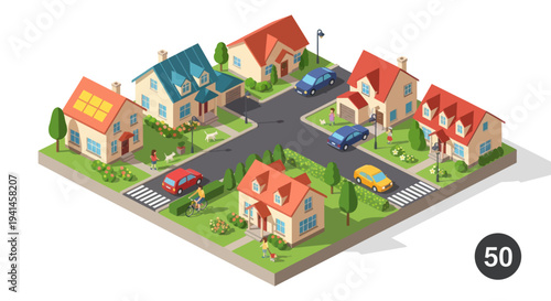 Isometric suburban neighborhood with houses, cars, and people on a white background