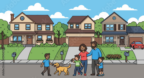 Happy Family Walking Dog Down Suburban Street with Houses