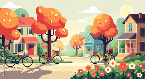Charming suburban street with bicycles and colorful autumn trees
