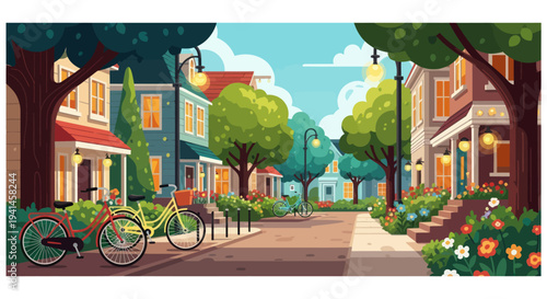 Charming suburban street with colorful houses, trees, and bicycles parked outside.