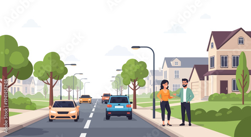 Couple Talking on Suburban Street with Cars and Houses, Daytime