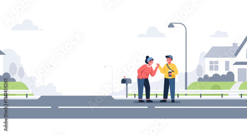 Two friends high-fiving on a suburban street with houses and trees in background