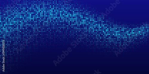 Digital data wave background. Blue square pixel halftone wave with dynamic motion effect. Futuristic technology banner, poster, backdrop. Modern abstract technology vector illustration.