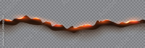 Paper burn fire background with torn edge and glowing embers. Paper fire effect on transparent backdrop, dark charred texture, orange heat glow. Realistic burning vector illustration.