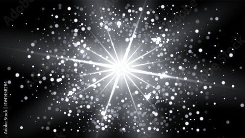 Light glare with glitter explosion and glowing particles on dark. White bright sparkling burst radiating warm light dynamic motion effect. Festive glow with bokeh highlights. Vector illustration.
