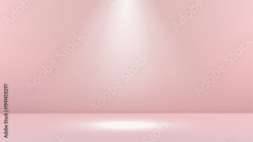Limbo spotlight background. Spotlight glow on pink gradient backdrop with soft beam and light reflection. Color wall of stage, studio, stand for product display. Abstract vector illustration.