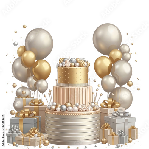 A lavish birthday celebration with a tiered cake, gold balloons, and gifts.