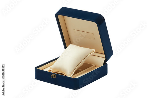 Luxury Open Blue Velvet Jewelry Box with Cream Cushion for Watch Display, Isolated on Transparent Background Cutout.