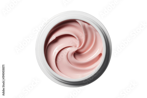 Top View of Swirled Pink Cosmetic Face Cream in White Container for Skincare Routine, Isolated on Transparent Background Cutout.
