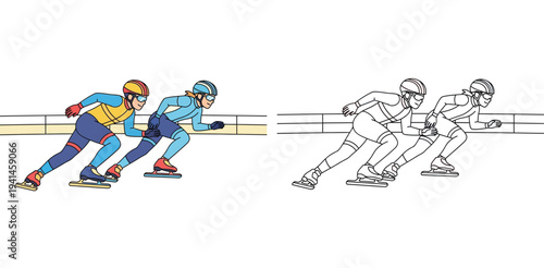 Two speed skaters racing on ice winter sport vector illustration with black and white coloring page outline version