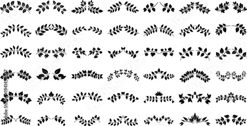 Black leafy branches on white background for design and decoration