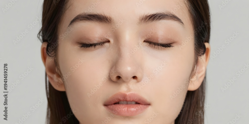 Fototapeta premium Close-up of a young woman with eyes closed presenting a fresh, clear complexion