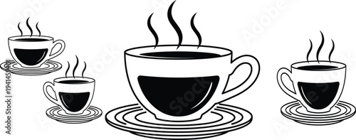 Hot coffee cup icon set, steaming beverage mug illustration, cafe drink symbol collection, morning espresso vector design