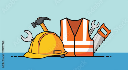 Construction worker's safety equipment and tools, including a hard hat, vest, hammer, wrench, and saw.