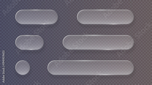 Transparent glass buttons. Liquid glass design elements with morphism effect. Modern digital interface icons for web and app design with rounded frame and subtle shadow. Vector illustration