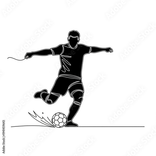 A black and white vector illustration of a soccer player kicking a ball with motion lines