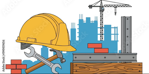 Construction site with tools, bricks, and buildings under development, symbolizing industry and progress.
