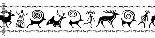Ethnic seamless border on the theme of rock paintings, petroglyphs and geometric pattern, isolated on white background, vector design