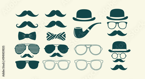 Vintage hipster collection with mustaches, glasses, bowler hats, bow ties, and smoking pipe icons.